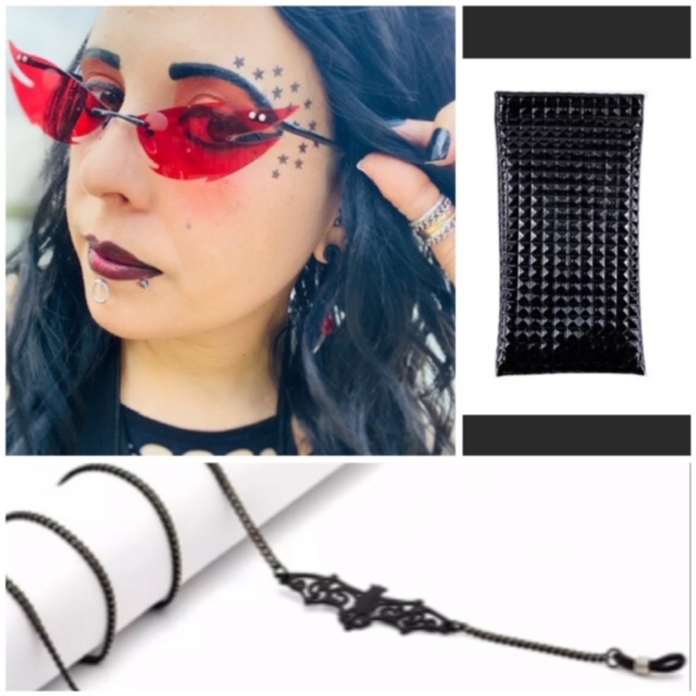 Red sunglasses black frame with bat chain & pouch